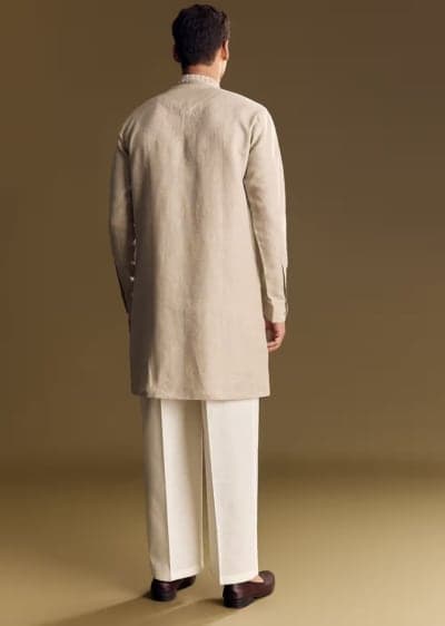 Beige Linen Kurta Set With Thread And Sequin Accents