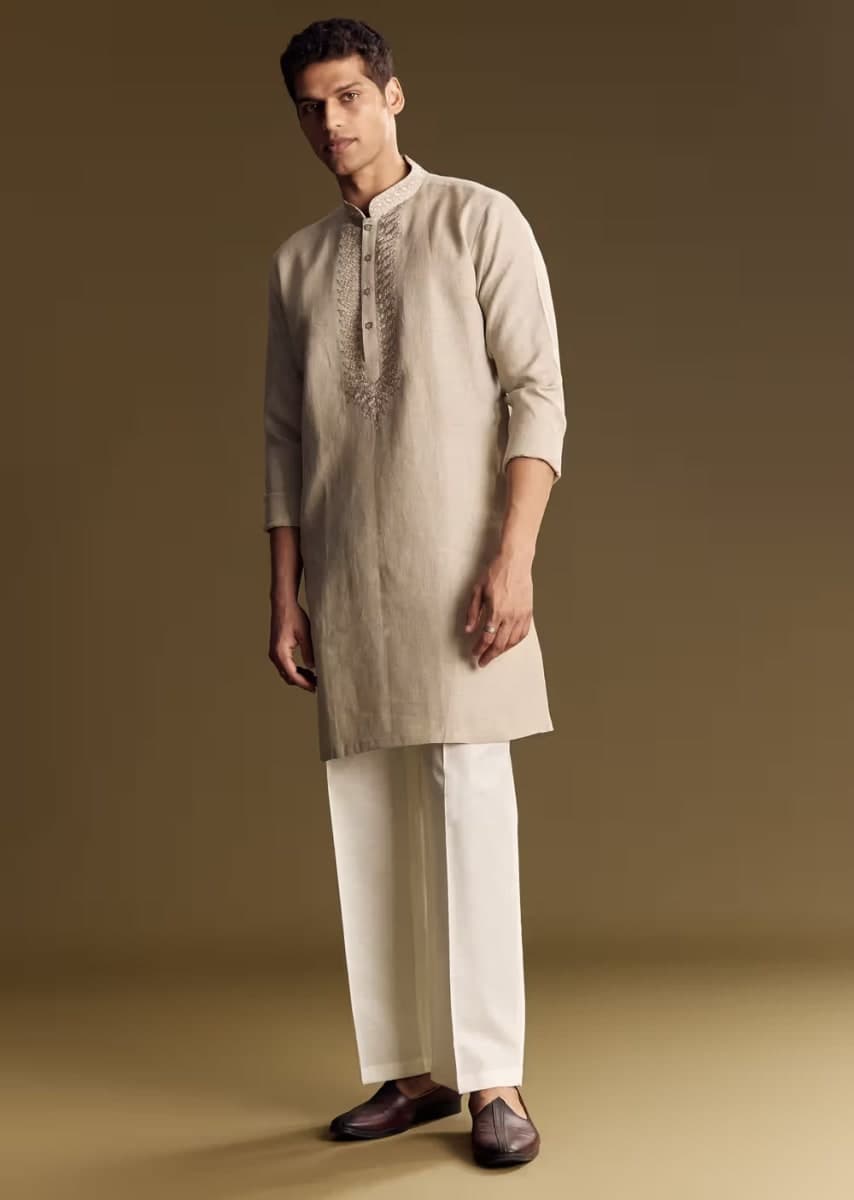 Beige Linen Kurta Set With Thread And Sequin Accents - 2