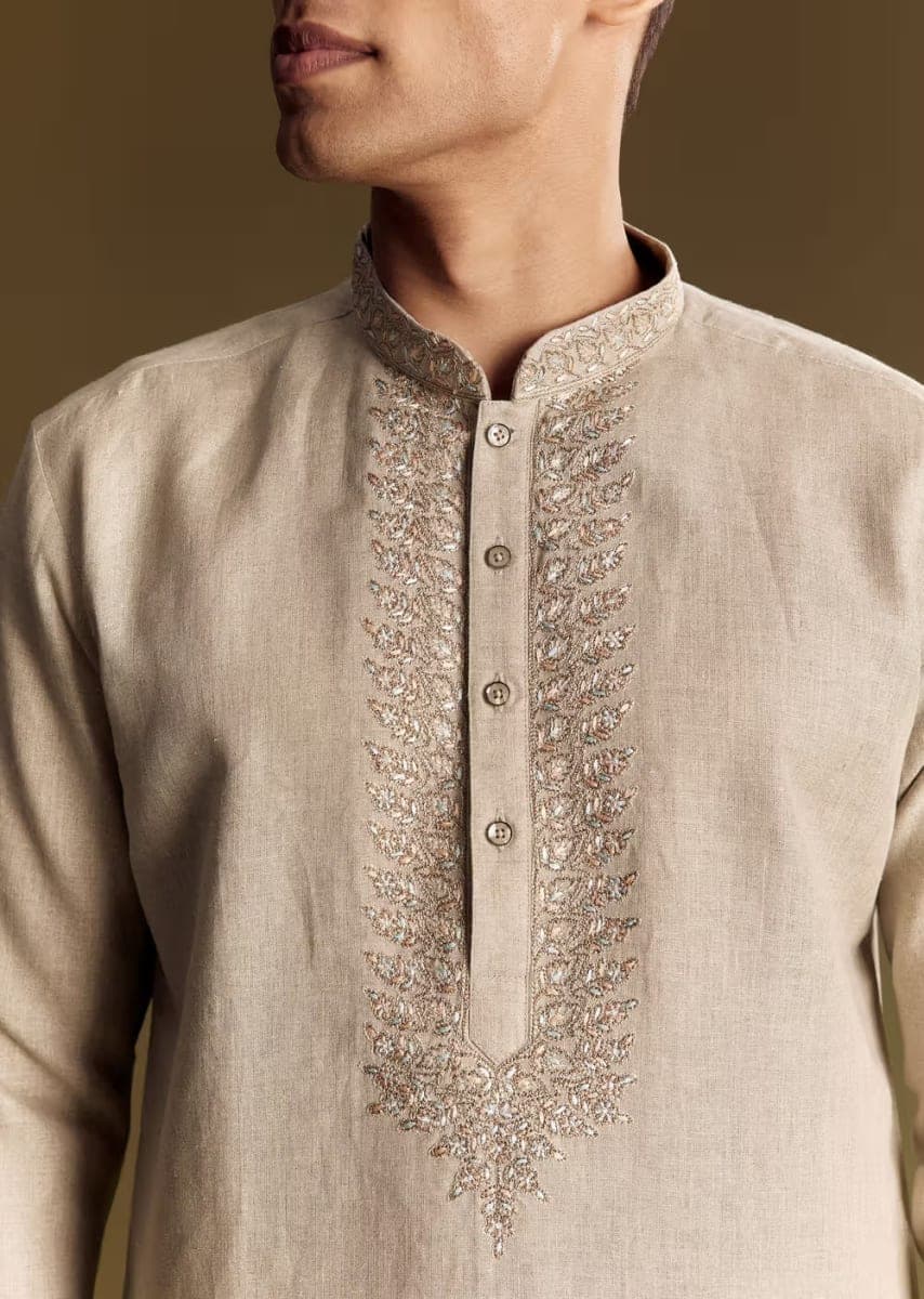 Beige Linen Kurta Set With Thread And Sequin Accents - 3